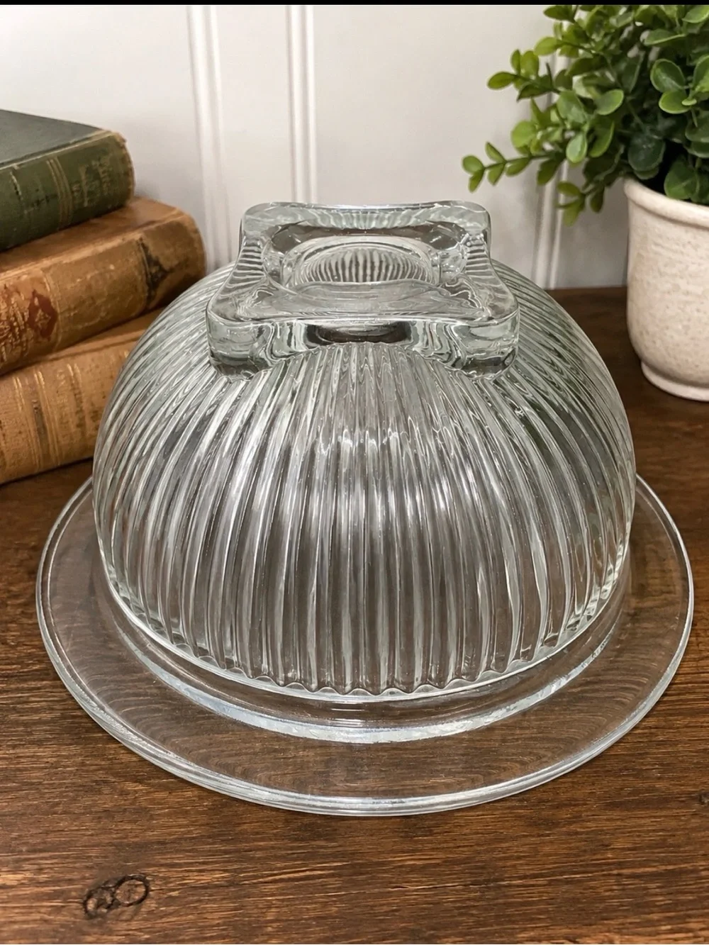 Vintage Clear Ribbed Glass Serving Bowl Flared Rim Square Foot 9.5” Centerpiece